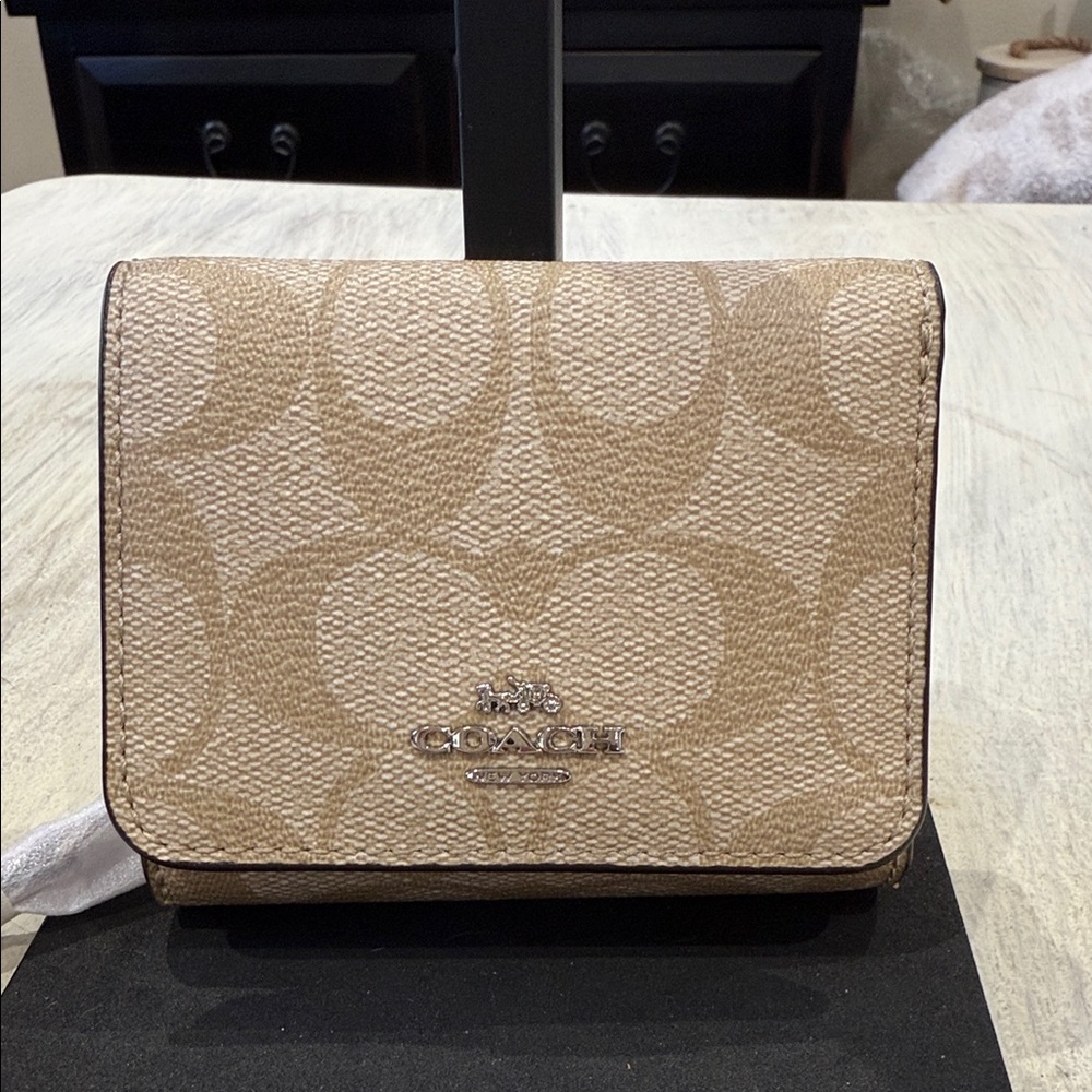 Coach Beige Signature Trifold Wallet- Pink Leather Interior